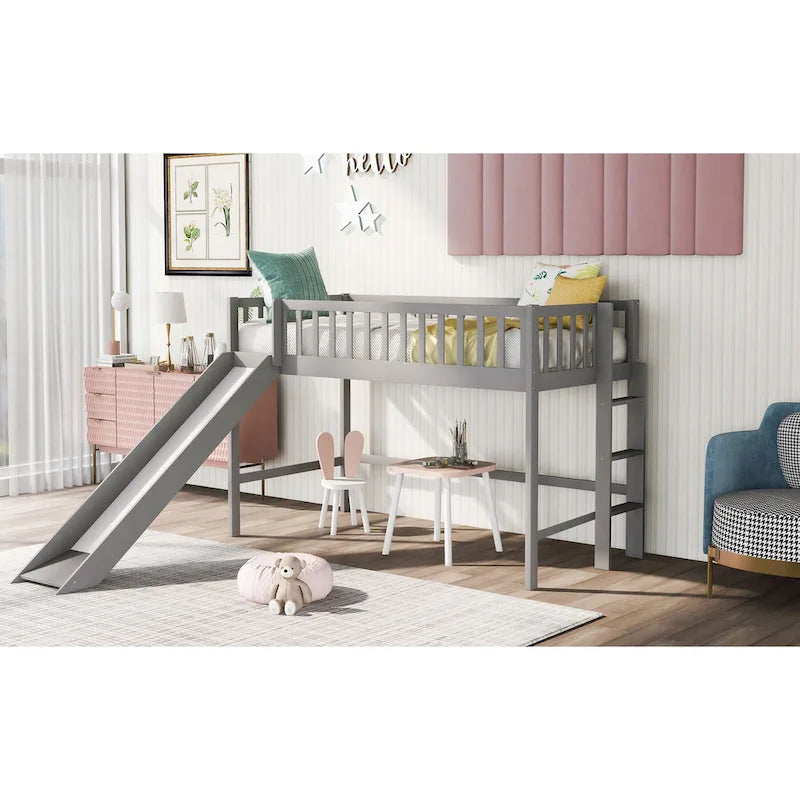 White Wood Low Loft Kids Bed with Fun Slide and Vertical Ladder