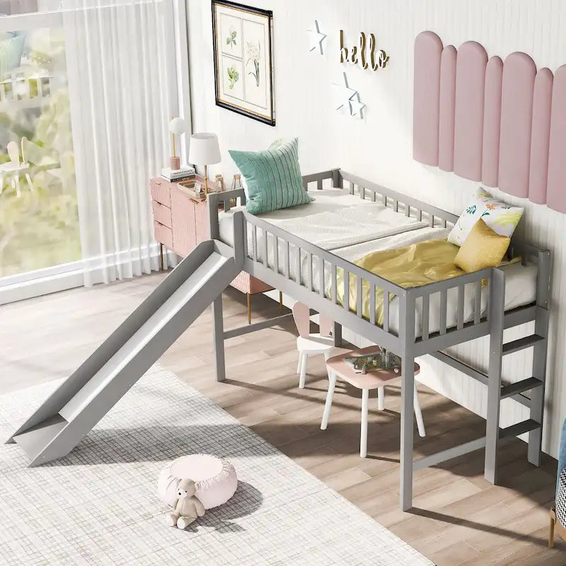 White Wood Low Loft Kids Bed with Fun Slide and Vertical Ladder