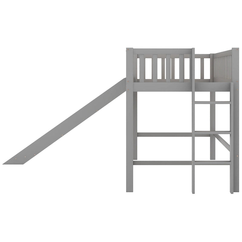 White Wood Low Loft Kids Bed with Fun Slide and Vertical Ladder