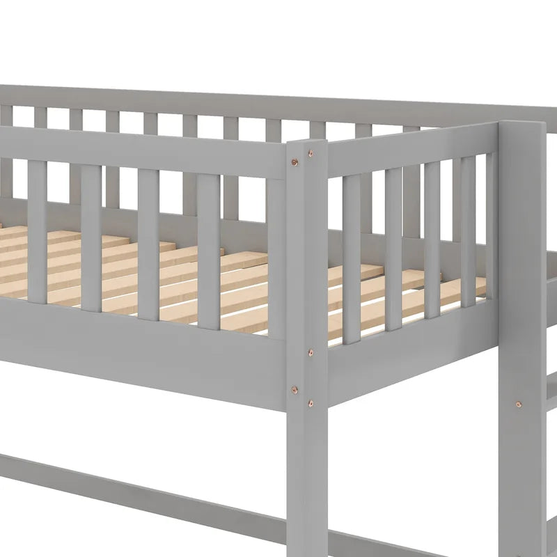 White Wood Low Loft Kids Bed with Fun Slide and Vertical Ladder