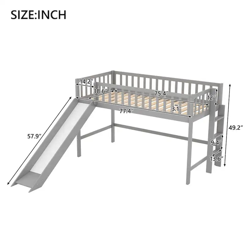 White Wood Low Loft Kids Bed with Fun Slide and Vertical Ladder