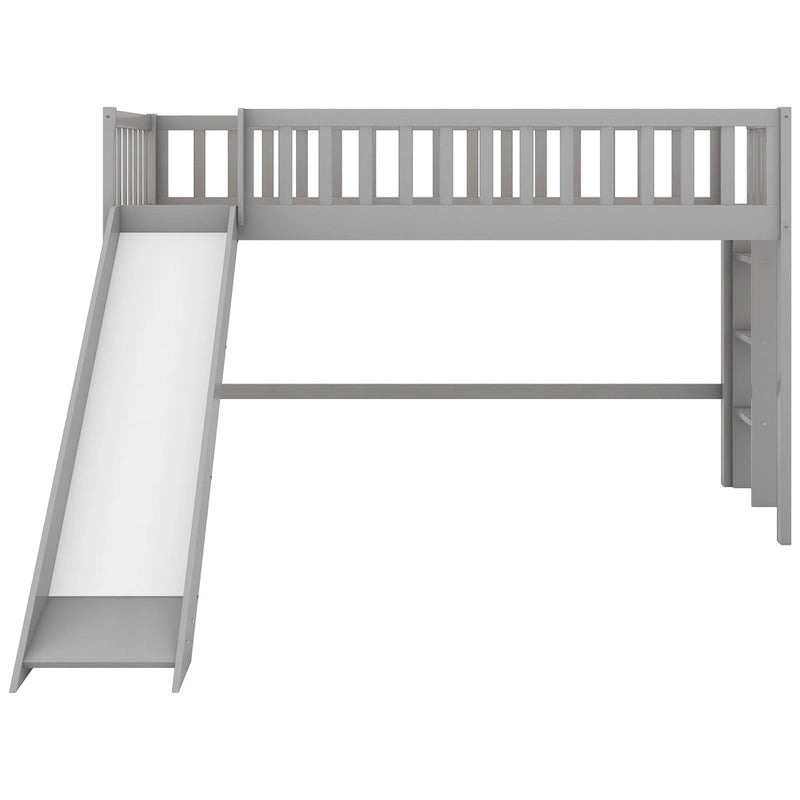 White Wood Low Loft Kids Bed with Fun Slide and Vertical Ladder