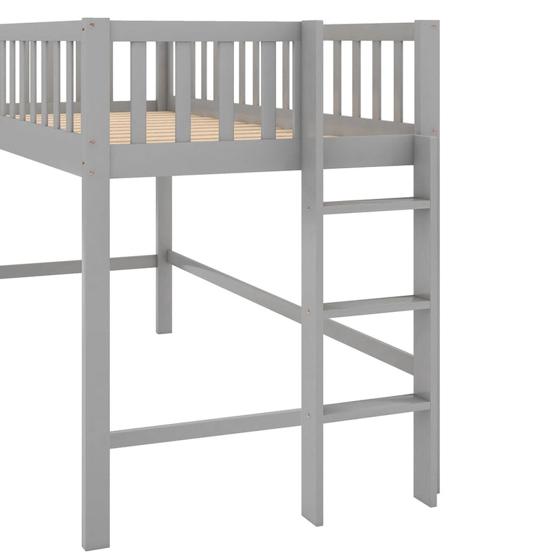 White Wood Low Loft Kids Bed with Fun Slide and Vertical Ladder