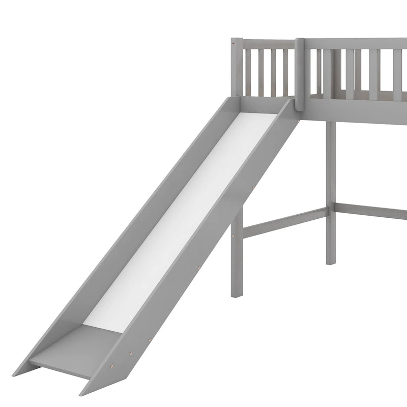 White Wood Low Loft Kids Bed with Fun Slide and Vertical Ladder