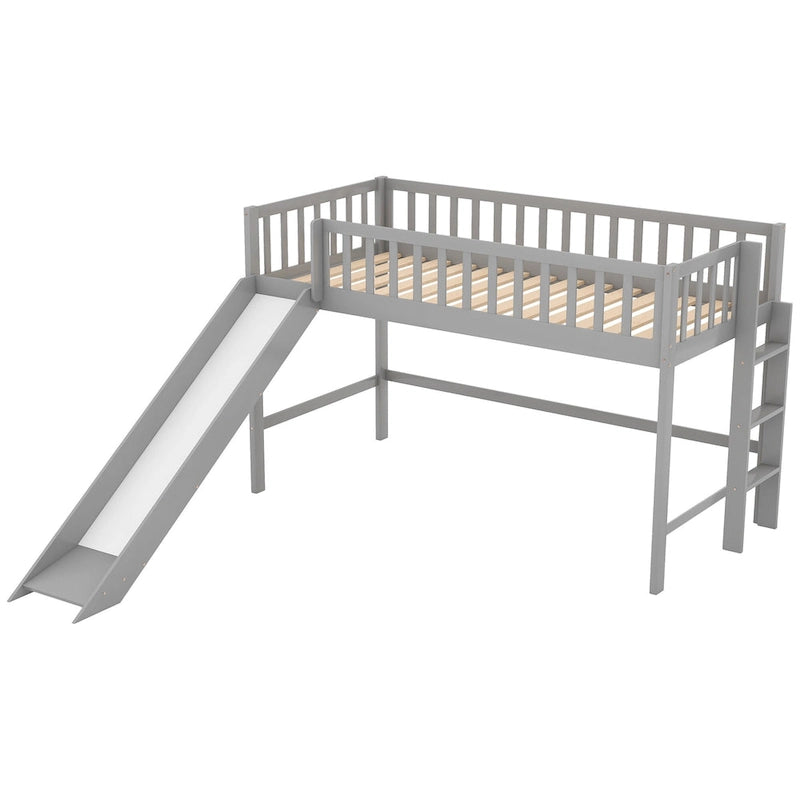 White Wood Low Loft Kids Bed with Fun Slide and Vertical Ladder
