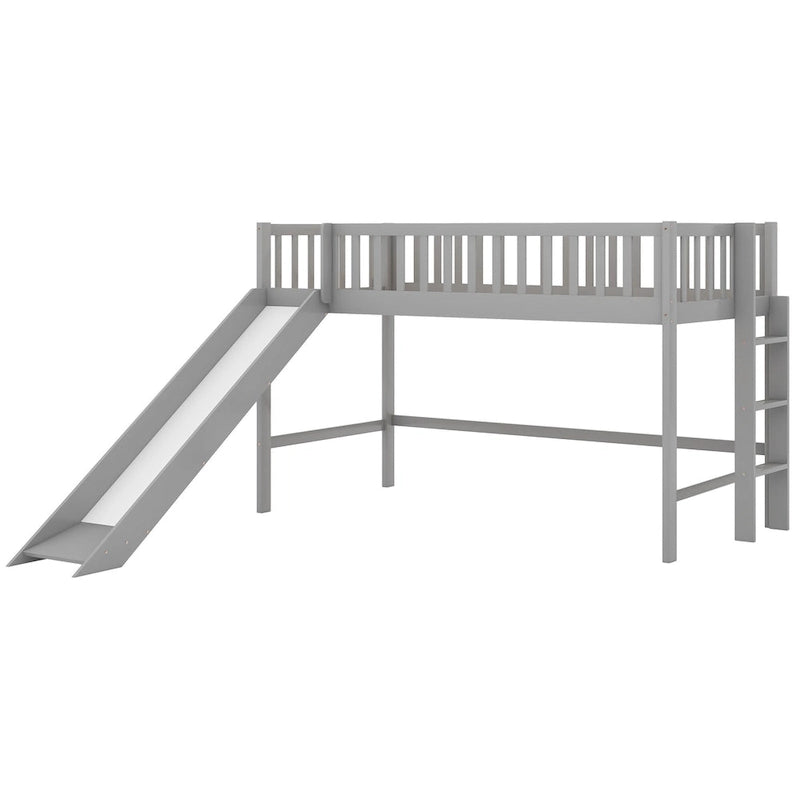 White Wood Low Loft Kids Bed with Fun Slide and Vertical Ladder