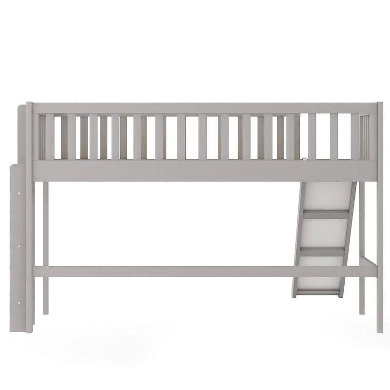 White Wood Low Loft Kids Bed with Fun Slide and Vertical Ladder