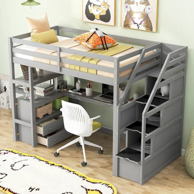 Gray White Twin Loft Bed with Desk Drawers and Storage Staircase