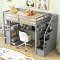 Gray White Twin Loft Bed with Desk Drawers and Storage Staircase
