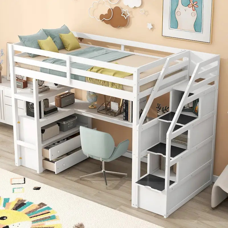 Gray White Twin Loft Bed with Desk Drawers and Storage Staircase