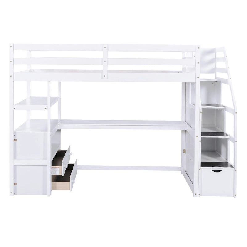 Gray White Twin Loft Bed with Desk Drawers and Storage Staircase
