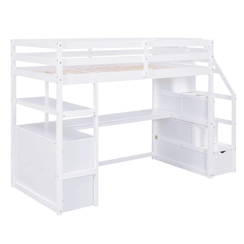 Gray White Twin Loft Bed with Desk Drawers and Storage Staircase