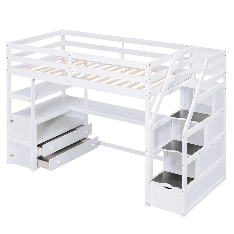 Gray White Twin Loft Bed with Desk Drawers and Storage Staircase