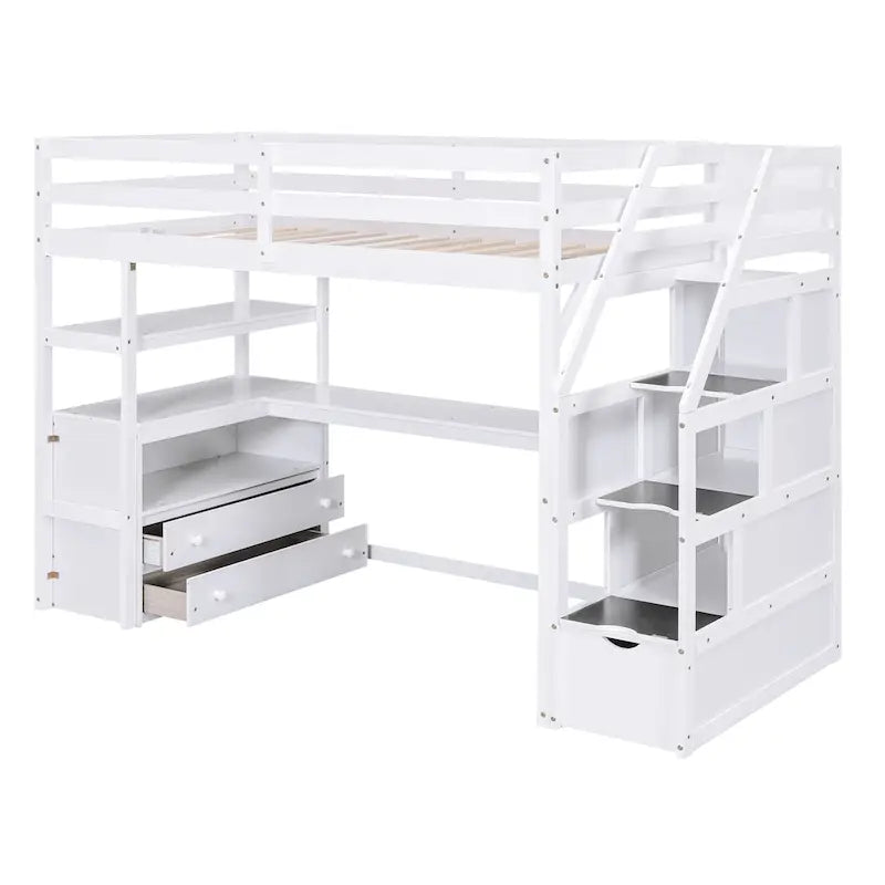 Gray White Twin Loft Bed with Desk Drawers and Storage Staircase