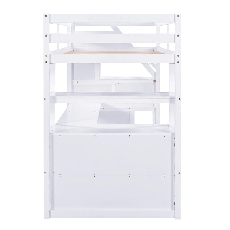 Gray White Twin Loft Bed with Desk Drawers and Storage Staircase