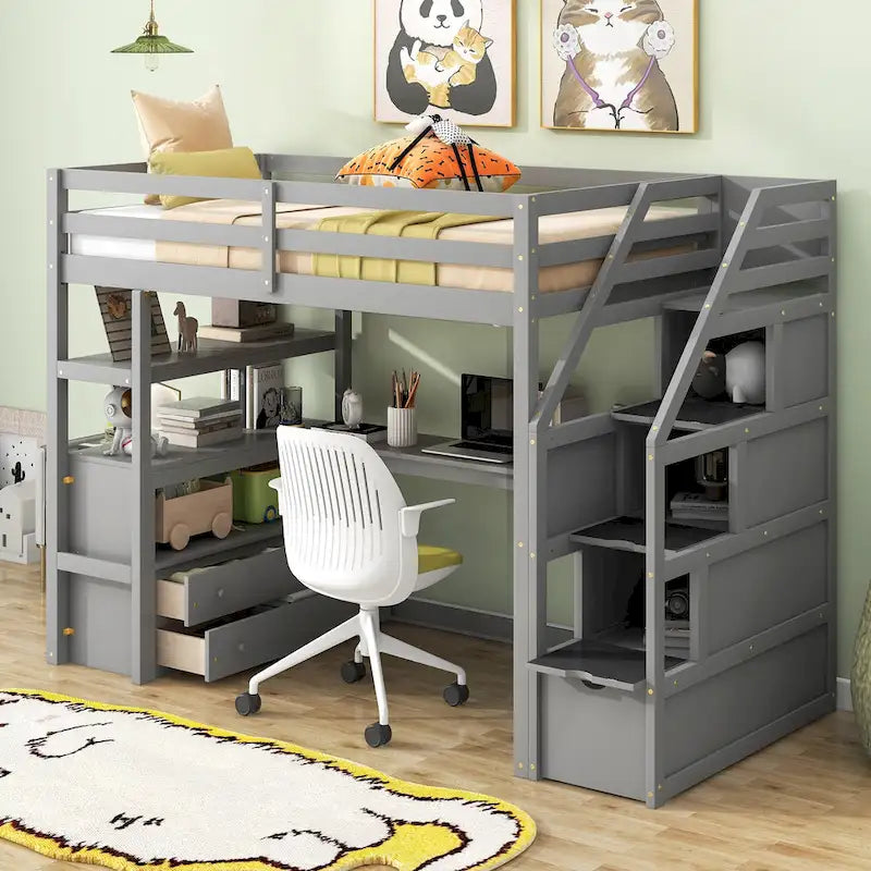 Gray White Twin Loft Bed with Desk Drawers and Storage Staircase