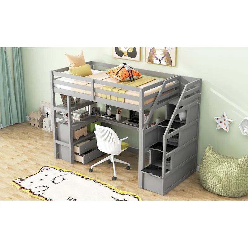 Gray White Twin Loft Bed with Desk Drawers and Storage Staircase