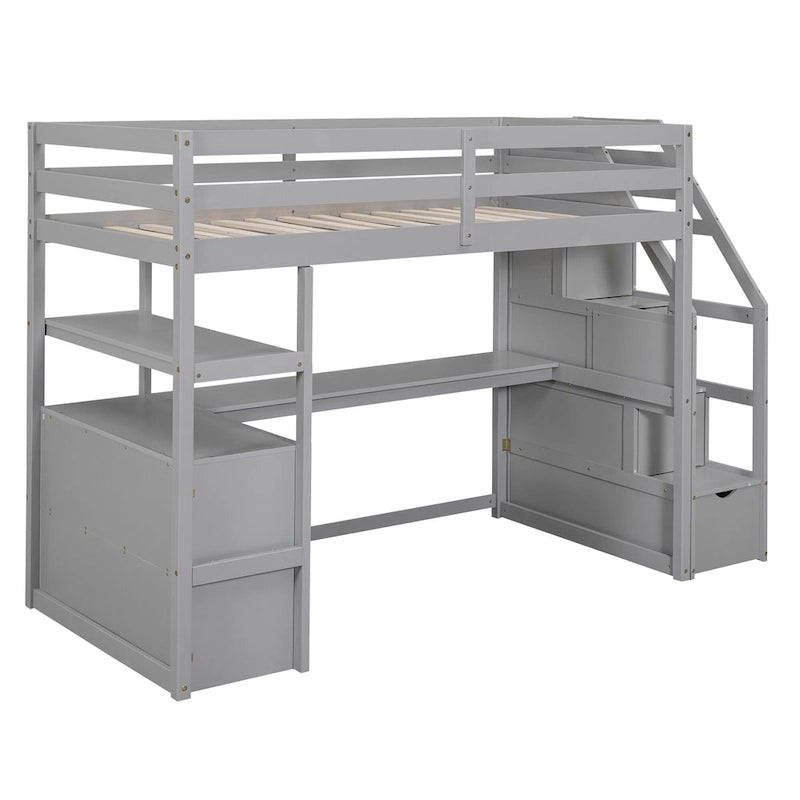 Gray White Twin Loft Bed with Desk Drawers and Storage Staircase