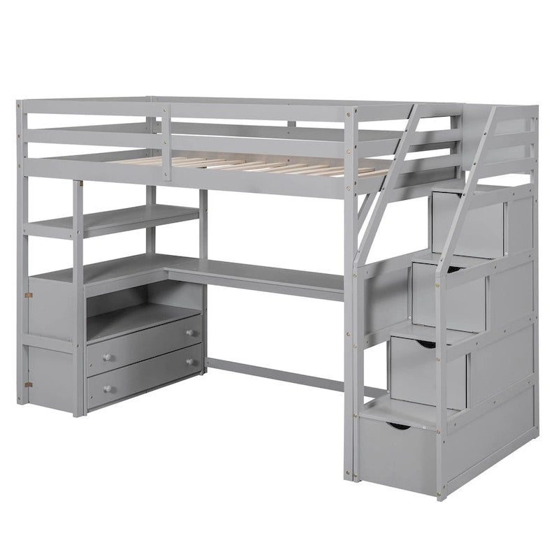 Gray White Twin Loft Bed with Desk Drawers and Storage Staircase