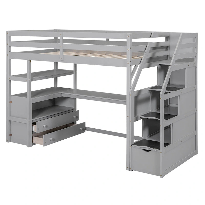 Gray White Twin Loft Bed with Desk Drawers and Storage Staircase