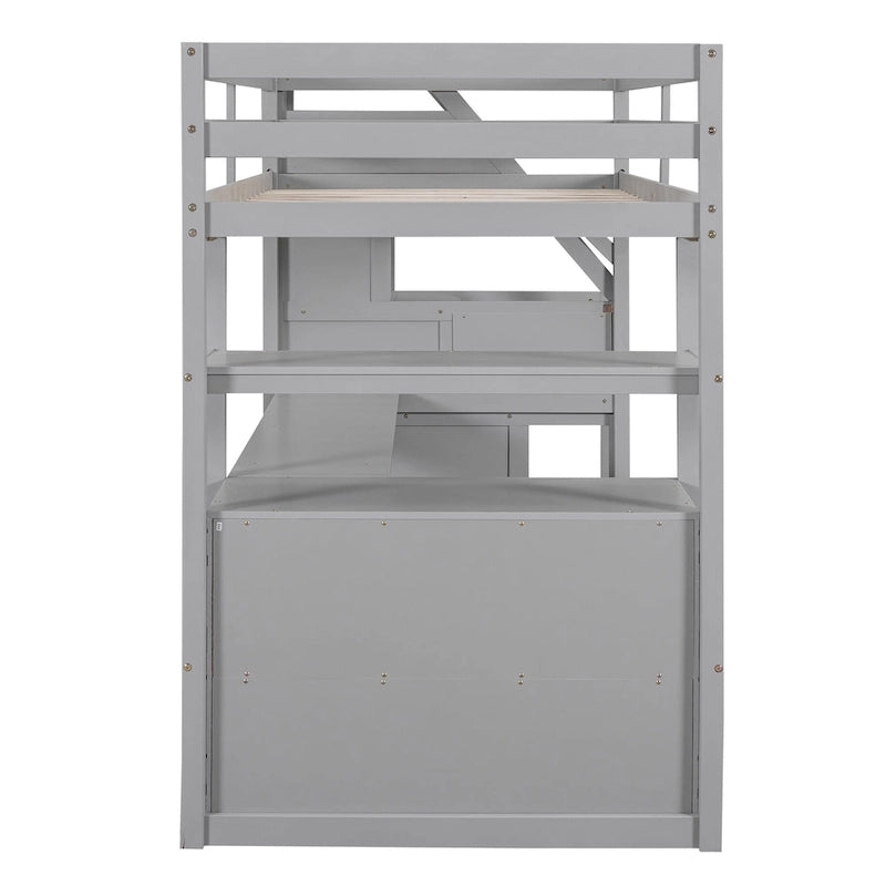 Gray White Twin Loft Bed with Desk Drawers and Storage Staircase