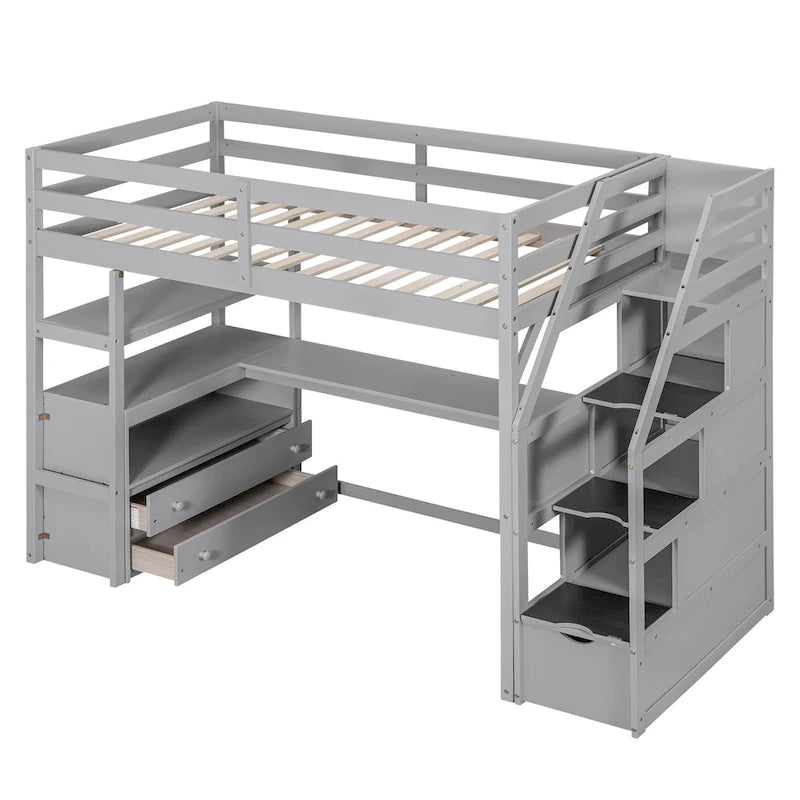 Gray White Twin Loft Bed with Desk Drawers and Storage Staircase