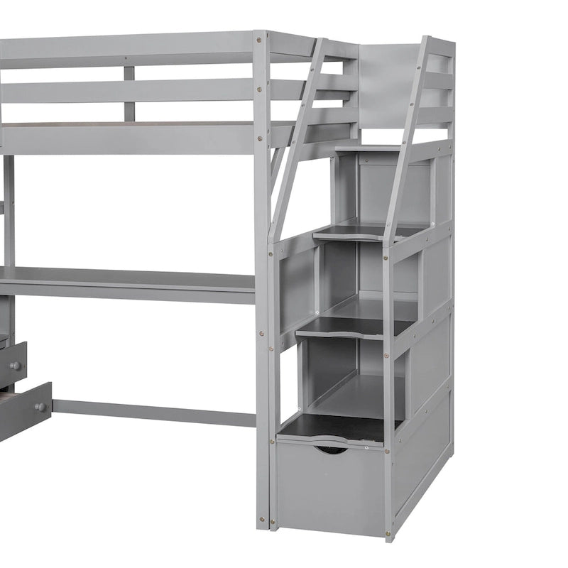 Gray White Twin Loft Bed with Desk Drawers and Storage Staircase
