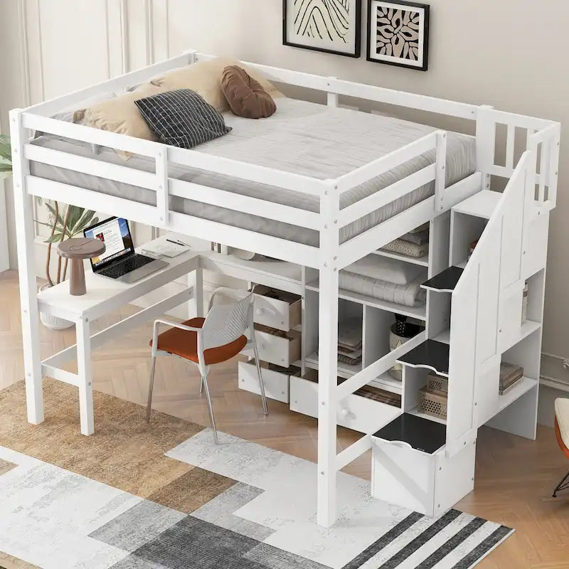 Full Size Loft Bed with L-Shaped Desk Storage Staircase White Gray