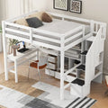 Full Size Loft Bed with L-Shaped Desk Storage Staircase White Gray