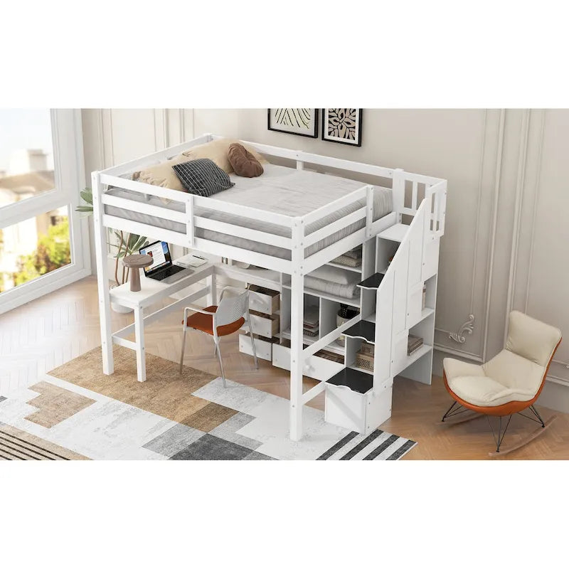 Full Size Loft Bed with L-Shaped Desk Storage Staircase White Gray
