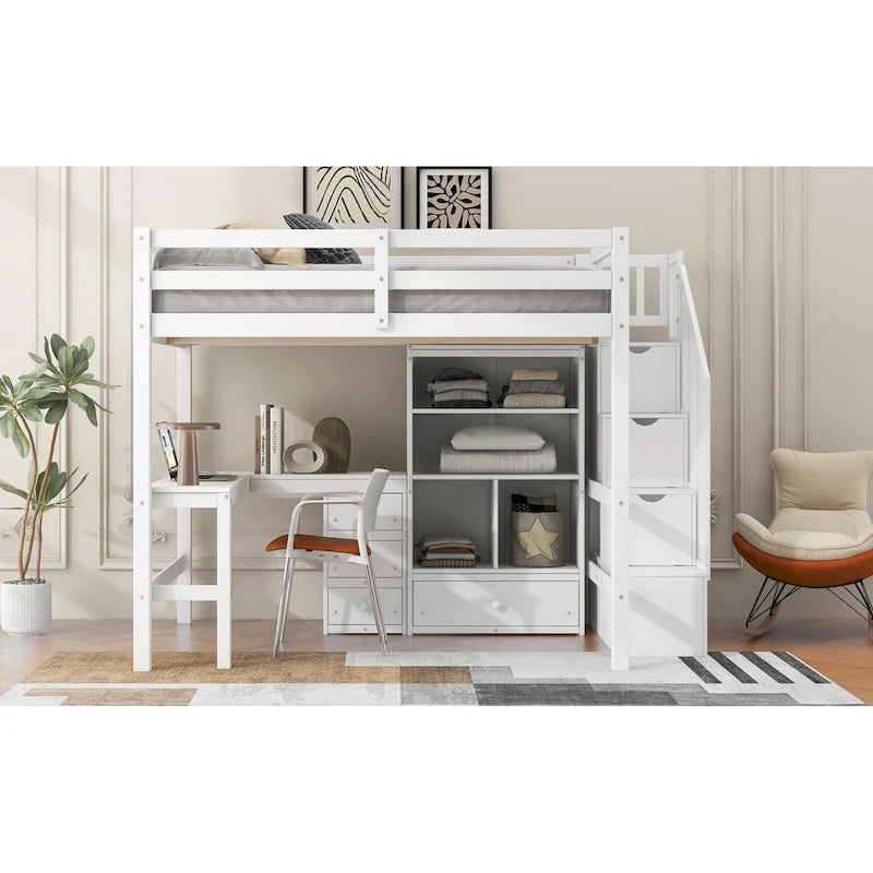 Full Size Loft Bed with L-Shaped Desk Storage Staircase White Gray