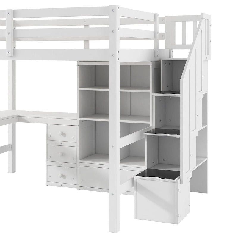 Full Size Loft Bed with L-Shaped Desk Storage Staircase White Gray