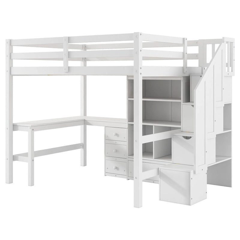 Full Size Loft Bed with L-Shaped Desk Storage Staircase White Gray