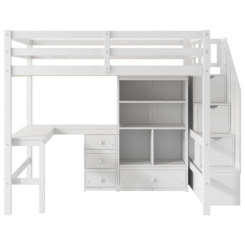 Full Size Loft Bed with L-Shaped Desk Storage Staircase White Gray