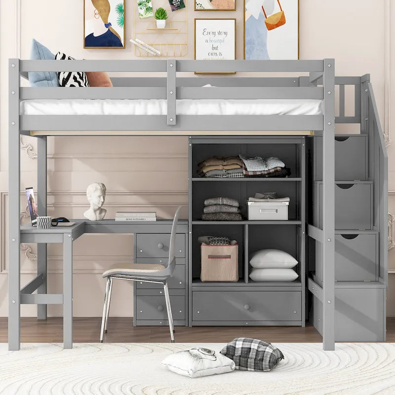 Full Size Loft Bed with L-Shaped Desk Storage Staircase White Gray
