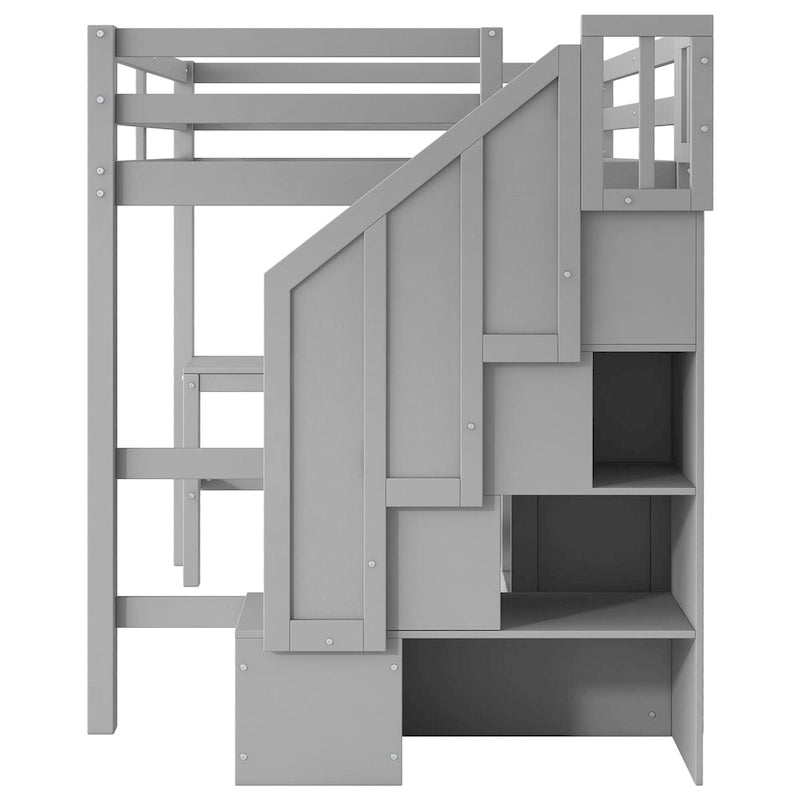 Full Size Loft Bed with L-Shaped Desk Storage Staircase White Gray
