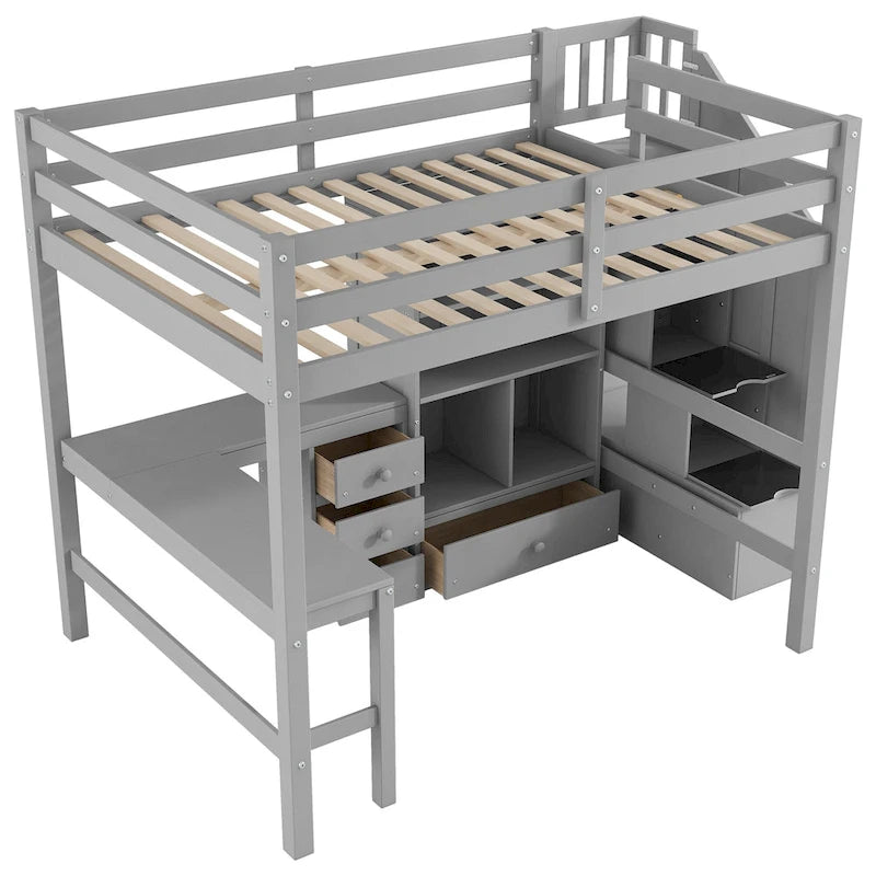 Full Size Loft Bed with L-Shaped Desk Storage Staircase White Gray