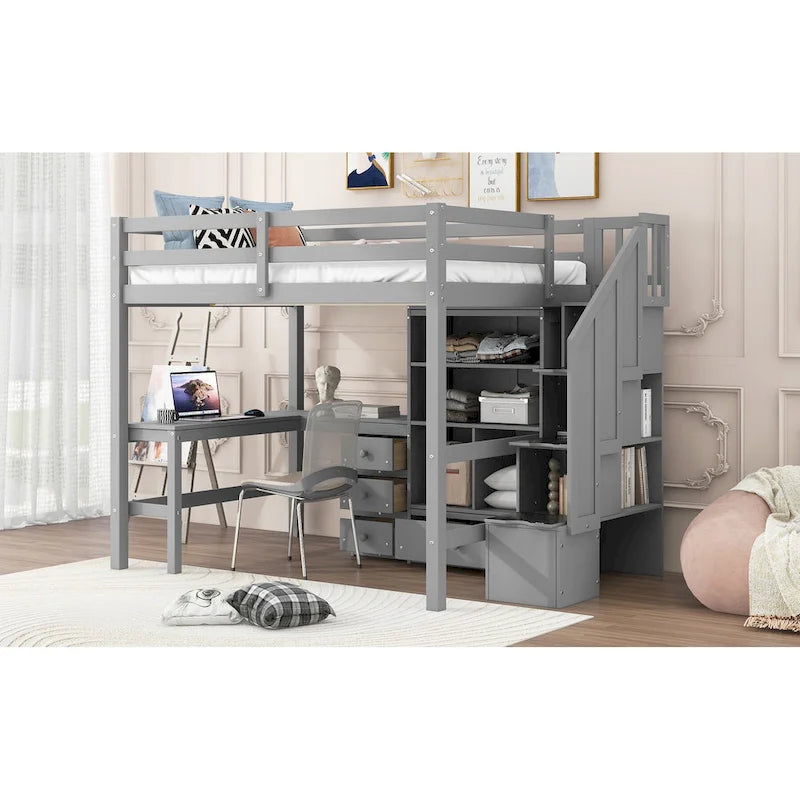 Full Size Loft Bed with L-Shaped Desk Storage Staircase White Gray