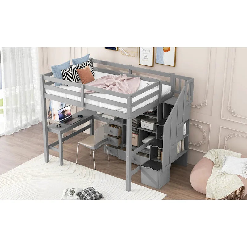 Full Size Loft Bed with L-Shaped Desk Storage Staircase White Gray