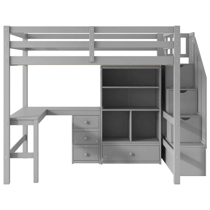 Full Size Loft Bed with L-Shaped Desk Storage Staircase White Gray