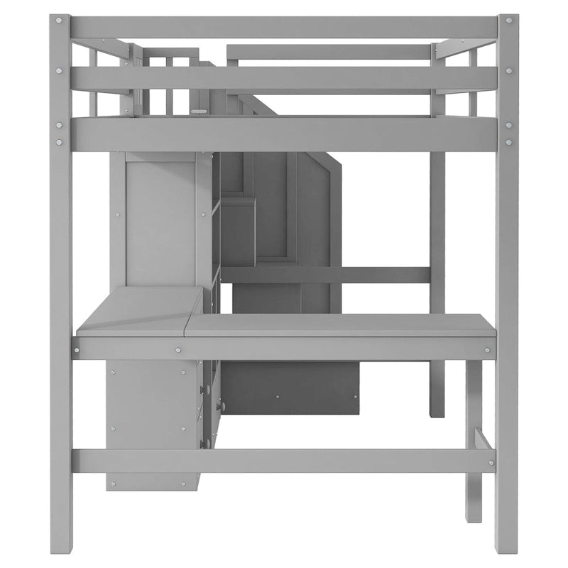 Full Size Loft Bed with L-Shaped Desk Storage Staircase White Gray