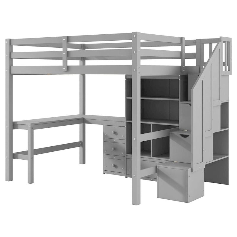Full Size Loft Bed with L-Shaped Desk Storage Staircase White Gray