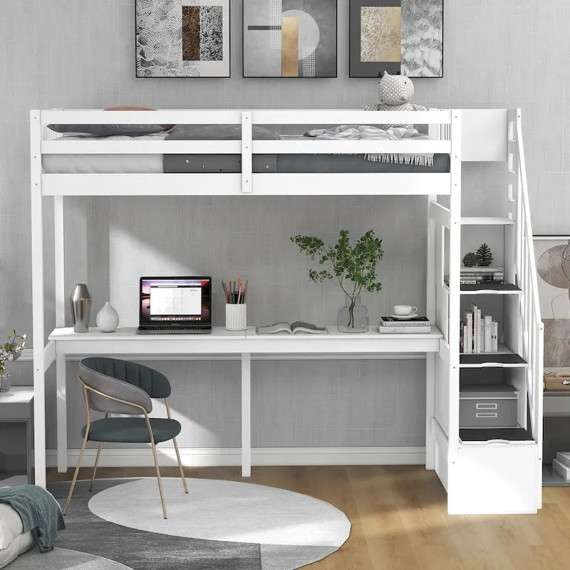 White Wood Loft Bed with Built-in Desk Storage Staircase Guardrail