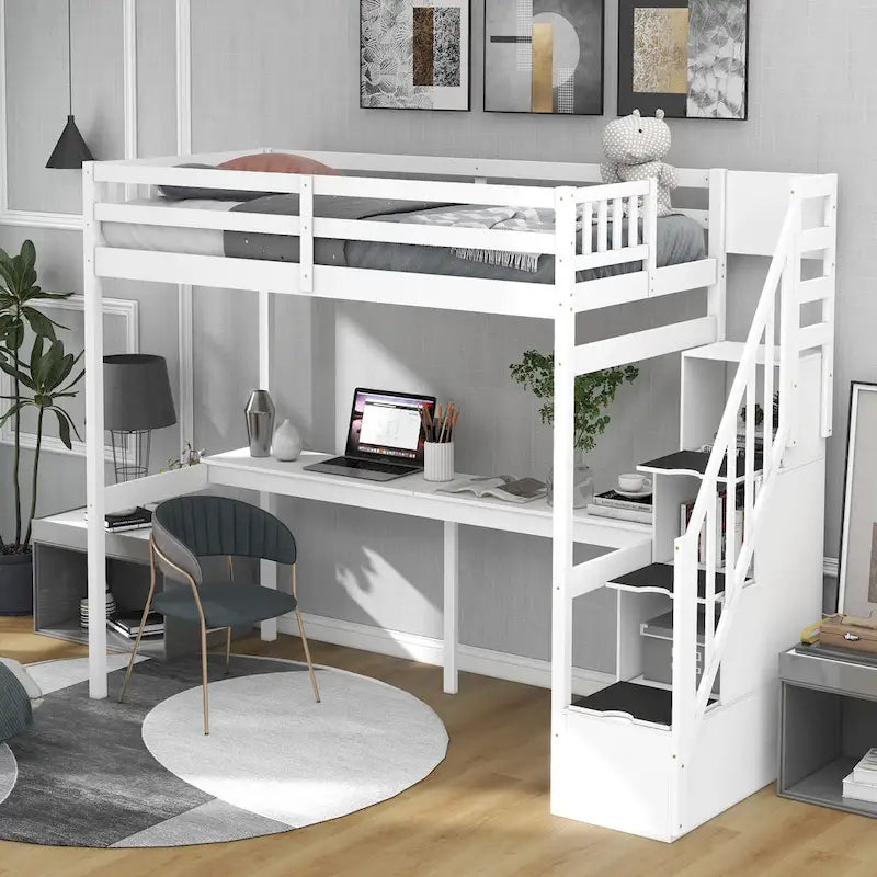 White Wood Loft Bed with Built-in Desk Storage Staircase Guardrail