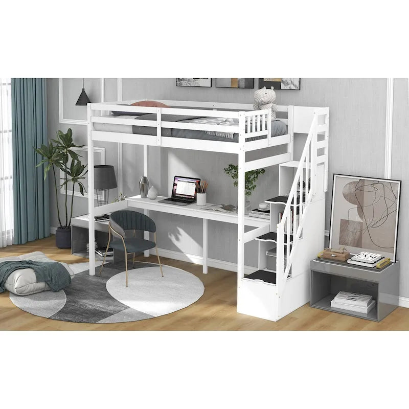 White Wood Loft Bed with Built-in Desk Storage Staircase Guardrail