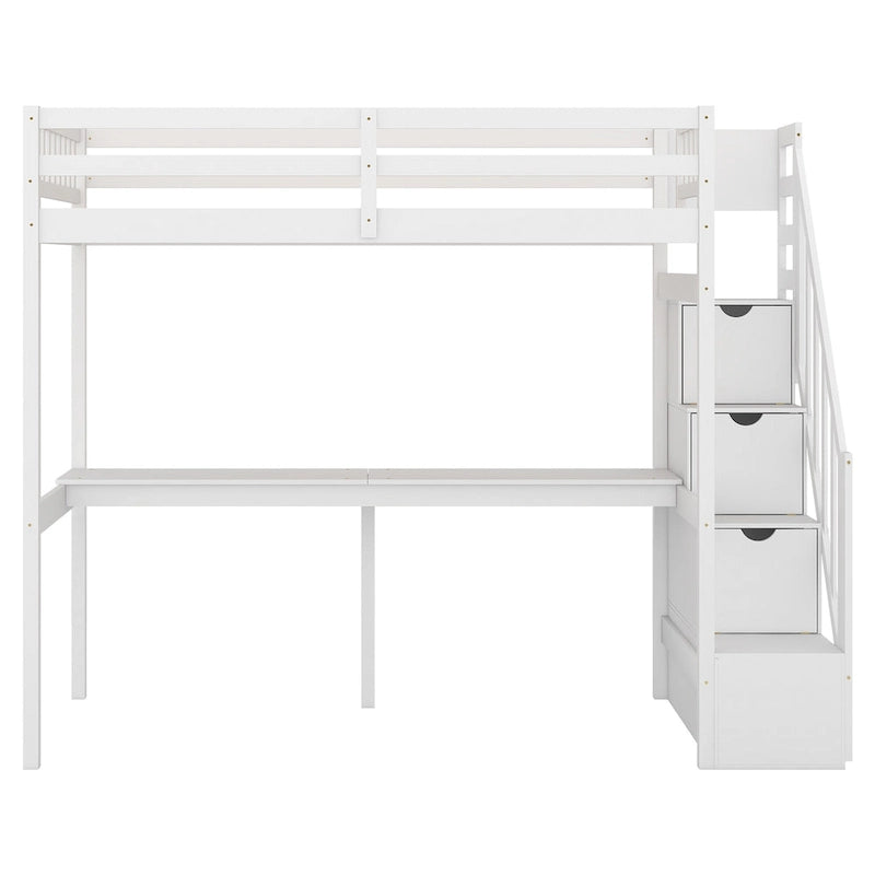 White Wood Loft Bed with Built-in Desk Storage Staircase Guardrail
