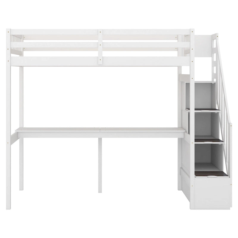 White Wood Loft Bed with Built-in Desk Storage Staircase Guardrail