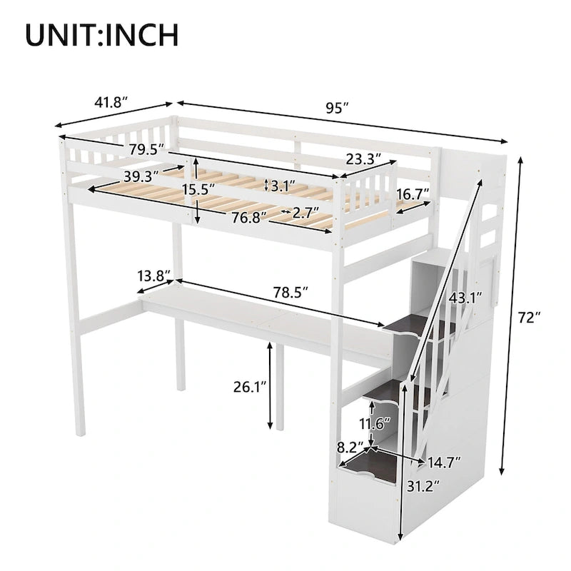 White Wood Loft Bed with Built-in Desk Storage Staircase Guardrail