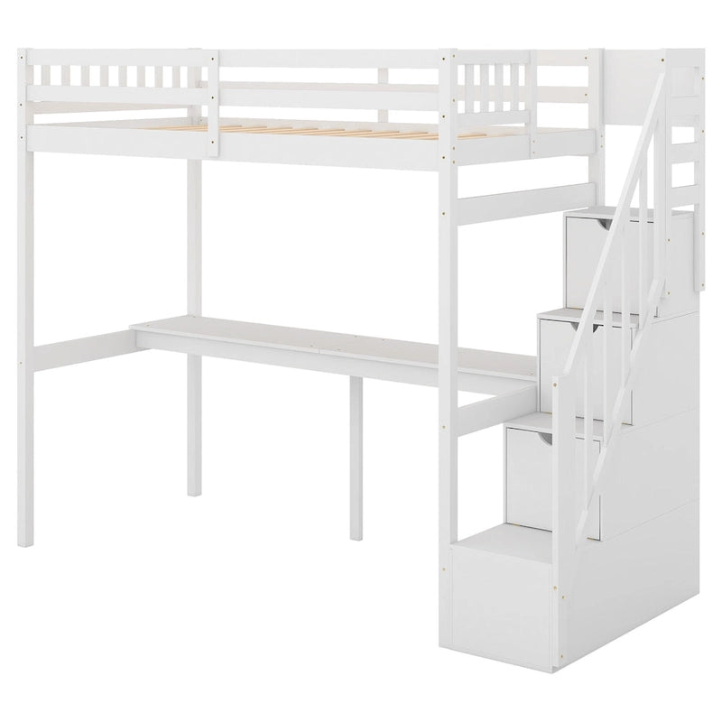 White Wood Loft Bed with Built-in Desk Storage Staircase Guardrail