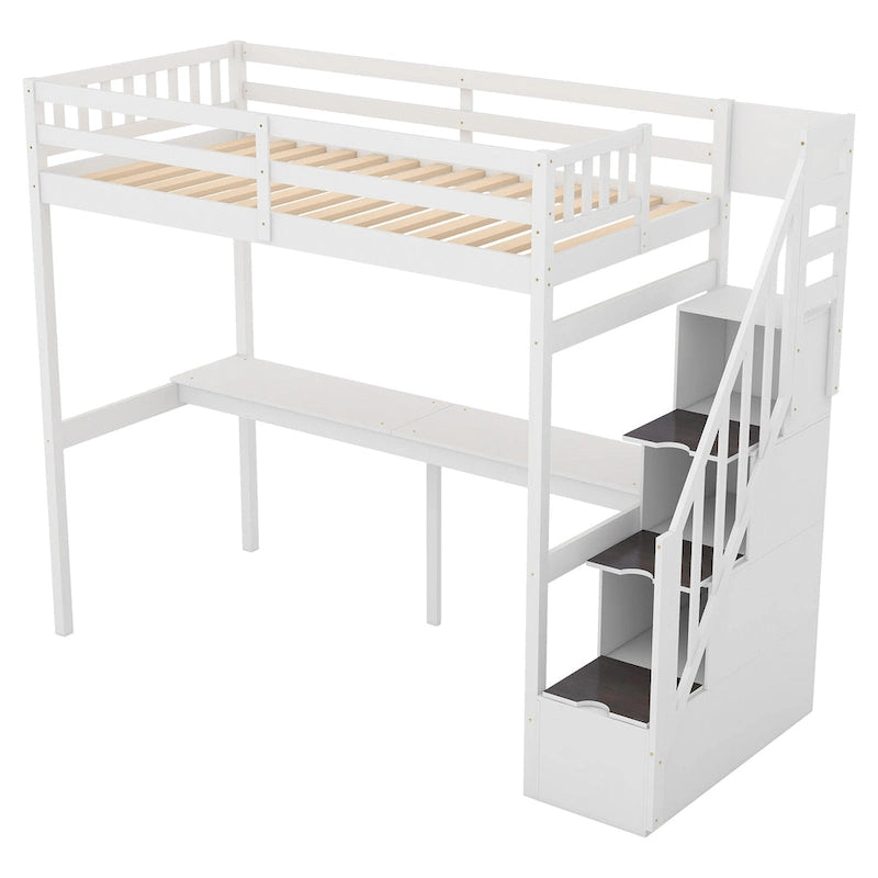 White Wood Loft Bed with Built-in Desk Storage Staircase Guardrail